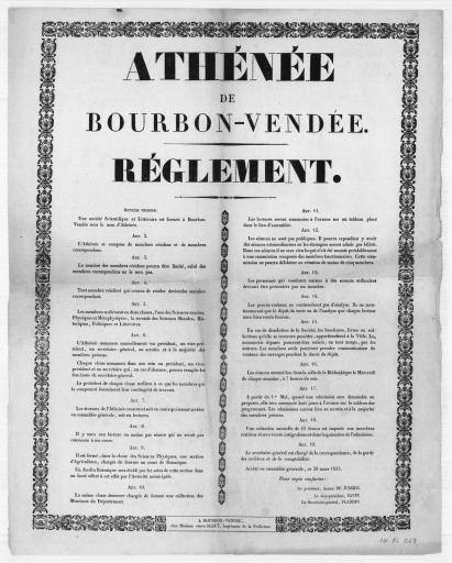 Athénée de Bourbon-Vendée : règlement / signé par : Alexis de Jussieu, président ; Savin, vice-président ; Flandin, secrétaire général.