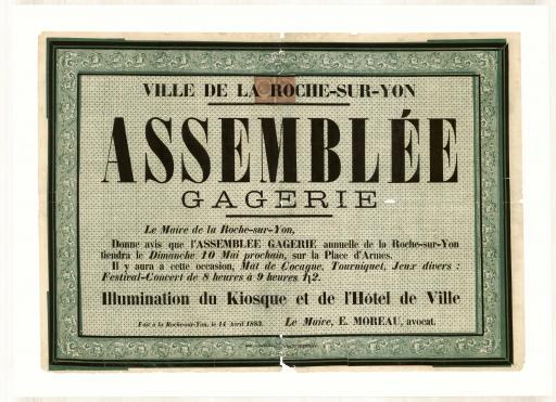 La Roche-sur-Yon typ. P. Tremblay Avis annonçant la date de l'assemblée gagerie annuelle de La Roche-sur-Yon / signé par le maire, E. Moreau.
