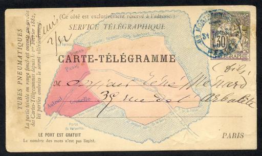 Carte-télégramme de Paul Baudry, peintre, au fils de René Joseph Ménard peintre à Paris ; Paris, 31 déc. 1882. - 1 f. (2 p.), 13 x 7,5 cm.