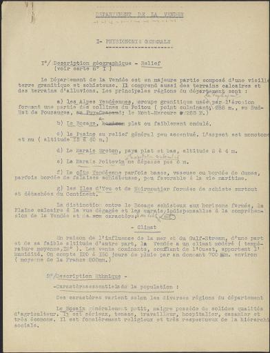 (1J2302). "Physionomie générale et situation économique du département de la Vendée", Préfecture de La Roche-sur-Yon, 26 juill. 1943, 17 p. dact.