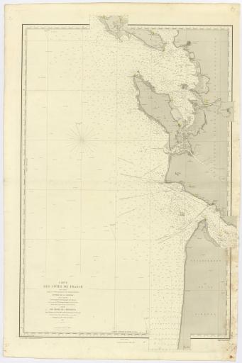 Carte des côtes de France, partie comprise entre la pointe des Baleines et les phares d'Hourtin (entrée de la Gironde), n° 165 / levée en 1824-1825, par les ingénieurs hydrographes de la Marine, sous les ordres de M. [Charles-François] Beautemps-Beaupré, ingénieur hydrographe en chef ; nouvelle édition d'après la révision exécutée en 1865-1867 ; publiée par ordre de l'Empereur, sous le ministère de M. l'amiral Rigault de Genouilly, au Dépôt des cartes et plans de la Marine, 1870 ; gravé par J. Millian ; la teinte par Naudin ; Nyon ; écrit par V. Carré. | Carte des côtes de France, partie comprise entre la pointe des Baleines et les phares d'Hourtin (entrée de la Gironde)