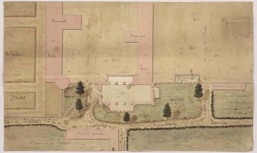 Plan du domaine de Bodet, avec l'indication du plan au sol de l'église communale attenante aux bâtiments du domaine.
