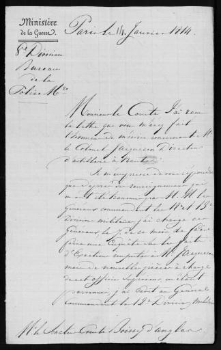 Correspondance entre Clarke, duc de Feltre, ministre de la guerre (14 janvier-8 avril 1814) et Boissy d'Anglas.
