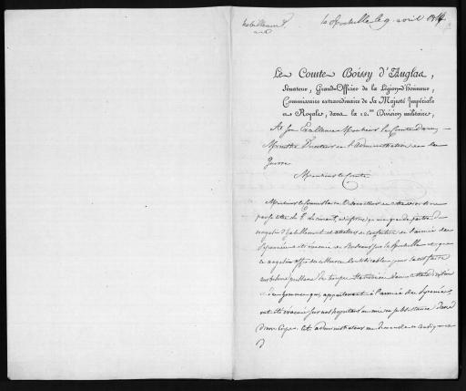Lettres de Boissy d'Anglas au comte Daru, ministre directeur de l'administration de la guerre (2 lettres, 9 avril 1814), correspondance avec le comte d'Hastrel, directeur de la conscription (4 lettres, 24 mars-2 avril 1814), lettre du général Decaen, commandant l'armée de la Garonne (1 lettre, 2 avril 1814).