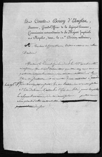 Correspondance entre A. Traversay, commissaire ordonnateur de la 12e division (16 janvier-9 avril 1814) et Boissy d'Anglas.