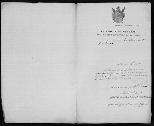 Lettres du procureur général de Poitiers (3 pièces, 5-29 janvier 1814), des procureurs de Niort (27 janvier 1814) et des Sables-d'Olonne (26 janvier 1814) et du juge de paix de Thénezay (Deux-Sèvres, 1er avril 1814), lettre concernant le courrier de Loudun, trouvé mort (19 janvier 1814) et lettre à Boissy d'Anglas demandant la libération de quatre conscrits vendéens détenus à Fontenay (8 avril 1814).