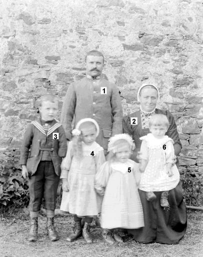 Jean Lardière (1), entouré de sa femme, Marie Louise Piveteau (2), et de leurs enfants, Jean (3), Germaine (4), Marguerite (5) et Gabriel (6) (vue 1). Sur les deux autres photographies (vues 2-3), le soldat (9) est également entouré de sa mère, Jeanne Maindron (7), de son frère, Louis Lardière (11) et de la famille de ce dernier : son épouse Marie Champain (8), leur fille Marie Thérèse (4) et leur fils Louis (5).