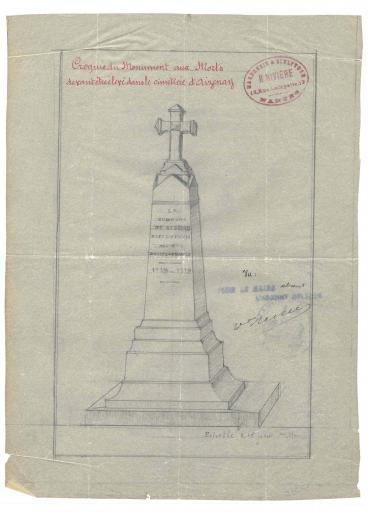 Croquis du monument aux morts : croix sur une assise en granit, situé dans le cimetière communal / Signé par : [H. Rivière, sculpteur à Nantes].