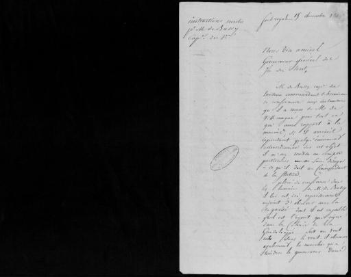 Instructions secrètes données par Vaugiraud, gouverneur général des Iles du Vent (sic), à M. de Bussy, capitaine de vaisseau, commandant "l'Hermione", Fort-Royal, 15 décembre 1814. - 1 pièce.