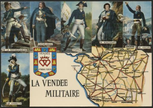 Carte à vignettes réunissant les principaux généraux vendéens : La Rochejaquelein, Cathelineau, Stofflet, de Bonchamps, de Lescure, de Charette.