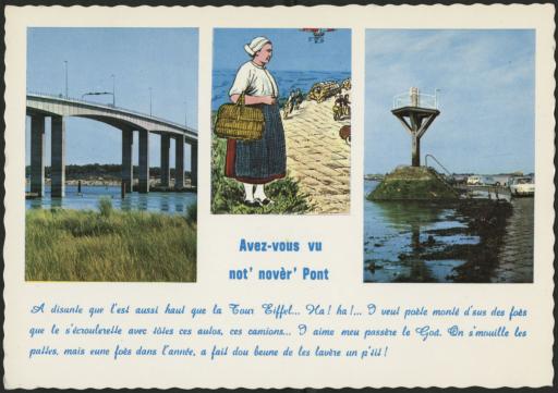 Carte à vignettes humoristique, avec commentaire en patois d'une habitante de l'île, sur le nouveau pont de Noirmoutier et le passage du Gois.