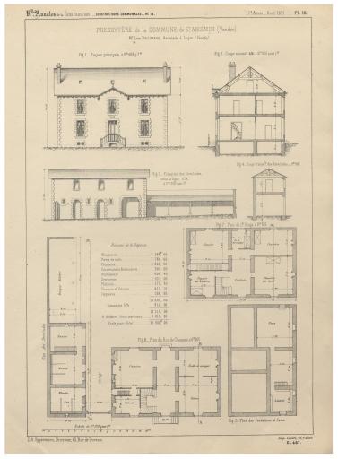 Presbytère : façade principale, coupes, élévation des servitudes, plans (planche 18) / Léon Ballereau, architecte à Luçon.