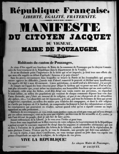 Manifeste du citoyen Jacquet du Vigneau, maire de Pouzauges / Henri Jacquet. - Fontenay, impr. de Robuchon, affiche. | Manifeste du citoyen Jacquet du Vigneau, maire de Pouzauges