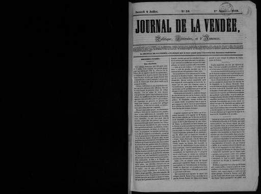 Journal de la Vendée, politique, littéraire et d'annonces, n°34 du samedi 2 juillet 1842. - Bourbon-Vendée, imprimerie de veuve Allut. | Journal de la Vendée