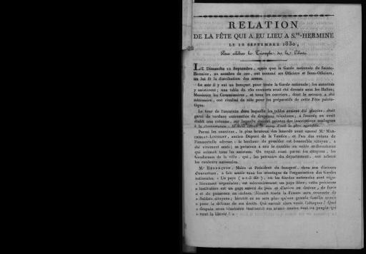 Relation de la fête qui a eu lieu à Sainte-Hermine le 12 septembre 1830, pour célébrer le triomphe de la liberté. - Bourbon-Vendée, imprimerie de Ferré, 4 p.