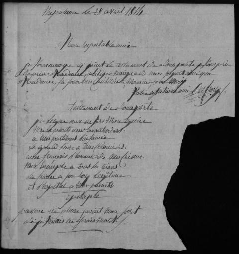 Lettre autographe signée d'Aufray à un ami lui donnant copie d'un "testament de Bonaparte". - Ms, 1 p.