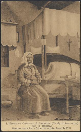 Barbâtre. - Vieille femme priant avec son chapelet, à l'intérieur d'une bourrine / E. Breteau.