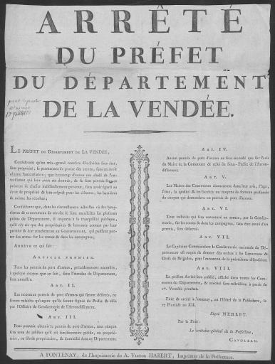Arrêté du préfet du département de la Vendée [relatif au port d'armes] / signé : Merlet ; Cavoleau, secrétaire général.