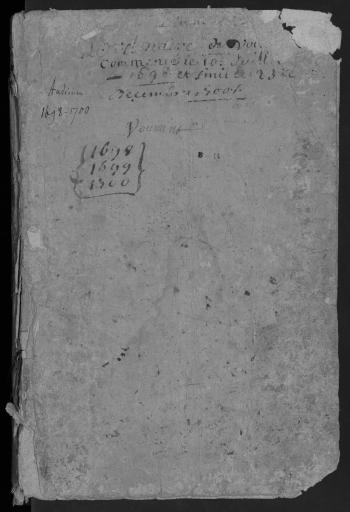 1698-1700. L'ensemble du cahier de 134 feuillets (in-4°, papier) a été numérisé et quelques actes ont été analysés.
