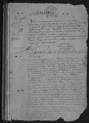 1738-1743. L'ensemble du cahier de 153 feuillets (in-4°, papier) a été numérisé et quelques actes ont été analysés.
