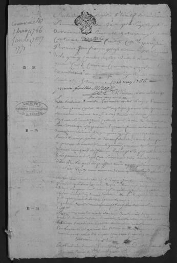 1766-1768. L'ensemble du cahier de 36 feuillets (in-4°, papier) a été numérisé et quelques actes ont été analysés.