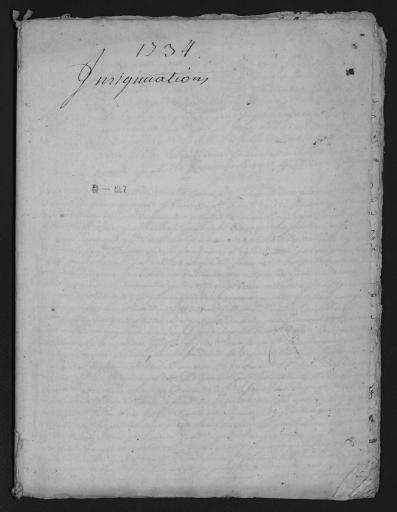 De 1734. L'ensemble du cahier de 16 feuillets (in-8°, papier) a été numérisé et quelques actes ont été analysés.