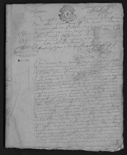 De 1788 à 1789. L'ensemble du cahier de 40 feuillets (in-8°, papier) a été numérisé et quelques actes ont été analysés.