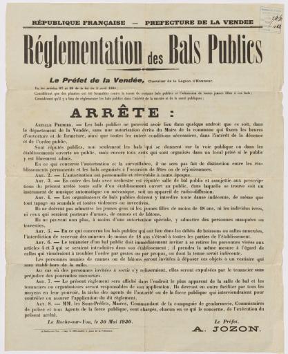 La Roche-sur-Yon Impr. G. Grillard République française. Préfecture de la Vendée. Réglementation des bals publics, 30 mai 1930.