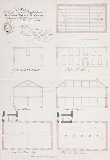 Plan de l'édifice à construire sur l'emplacement de la mairie de la ville de Luçon : élévations, coupes, plans, 14 décembre 1831.