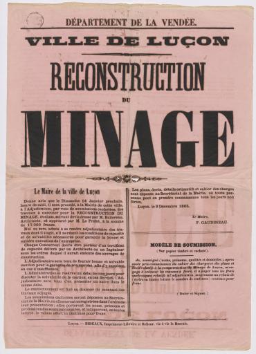 Luçon Impr. Bideaux Reconstruction du minage : avis, 9 décembre 1865.