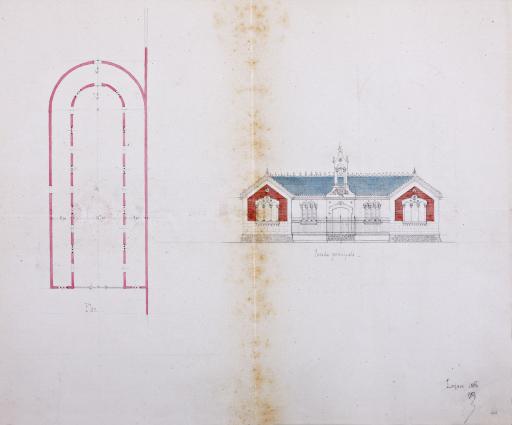 [Projet de construction des halles] : plan, [élévation de la] façade principale, 1860.