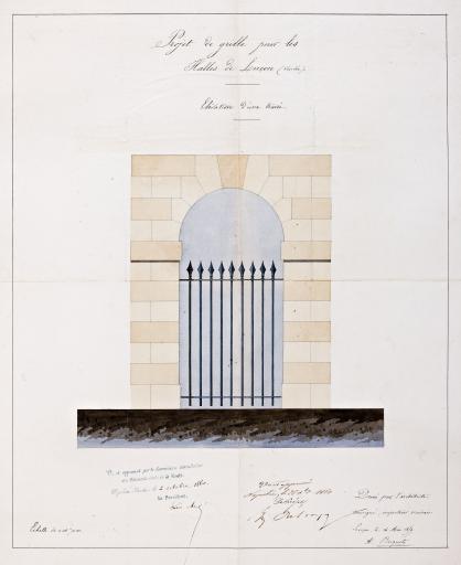 Projet de grille pour les halles : élévation d'une travée, 14 mai 1859.