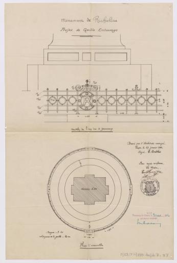 Monument de Richelieu. Projet de grille entourage : modèle d'un des 4 panneaux, plan d'ensemble, 27 janvier 1934 / E. Bordelais, architecte.