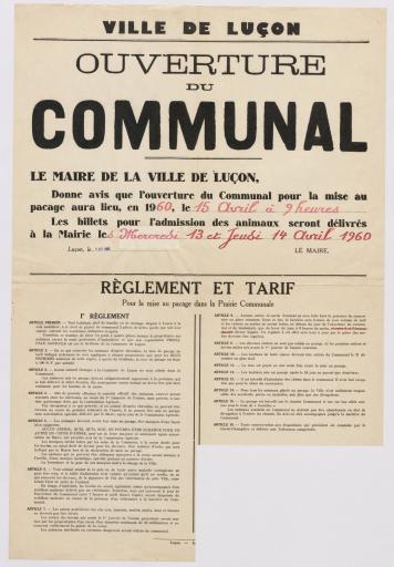 Ouverture du communal le 15 avril 1960 : règlement et tarif pour la mise au pacage dans la prairie communale.
