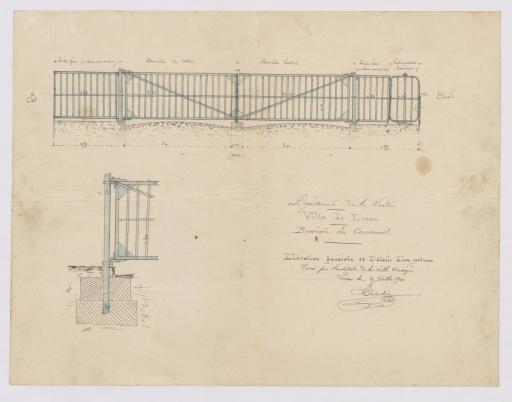 Barrière du communal : élévation générale et détails d'un poteau, 21 juillet 1901 / E. Bordelais, architecte.