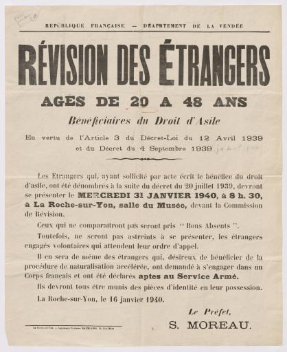 La Roche-sur-Yon Impr. R. Madelaine République française. Département de la Vendée. Révision des étrangers âgés de 20 à 48 ans bénéficiaires du droit d'asile, 16 janvier 1940.