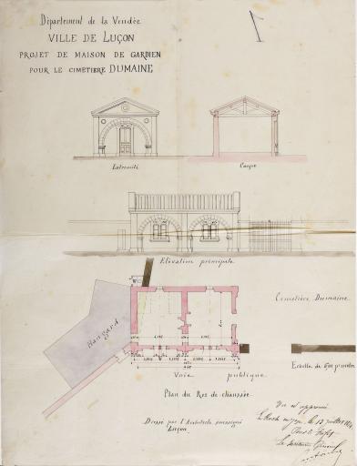 Projet de maison de gardien pour le cimetière Dumaine : plan, élévation, coupe, 13 juillet 1874.