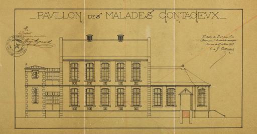 Pavillons militaires annexés à l'hôpital civil. Pavillon des malades contagieux : élévation, 27 octobre 1909 / L. et J. Ballereau, architectes.