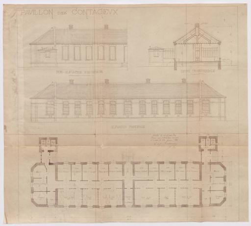 Pavillon des contagieux : plan, coupe, élévations, 23 février 1909 / L. et J. Ballereau, architectes.