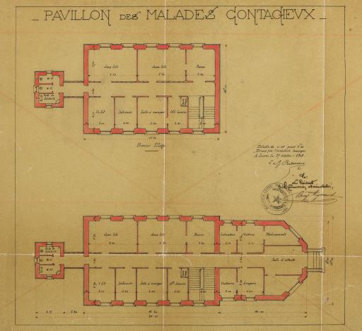 Pavillons militaires annexés à l'hôpital civil. Pavillon des malades contagieux : plans, 27 octobre 1909 / L. et J. Ballereau, architectes.