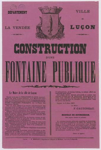 Luçon Impr. F. Bideaux Construction d'une fontaine publique, sur la place des anciennes halles : avis d'adjudication des travaux à effectuer, 5 juin 1867.