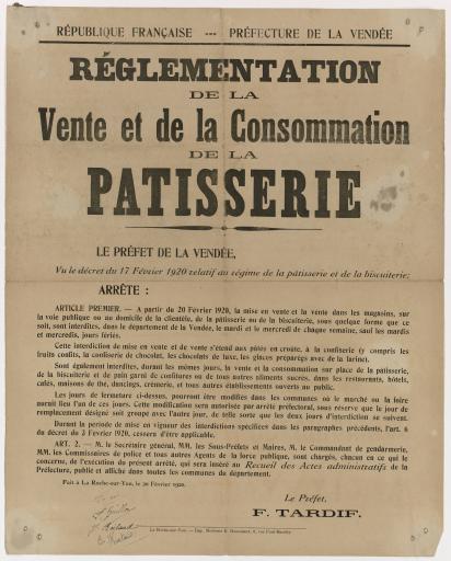 La Roche-sur-Yon Impr. E. Hamonnet République française. Préfecture de la Vendée. Réglementation de la vente et de la consommation de la pâtisserie, 20 février 1920.