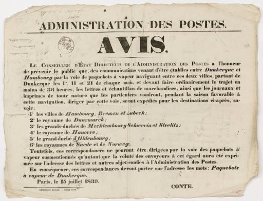 Administration des Postes. Avis [d'établissement de communications entre Dunkerque et Hambourg par voie de paquebots à vapeur], 15 juillet 1839.