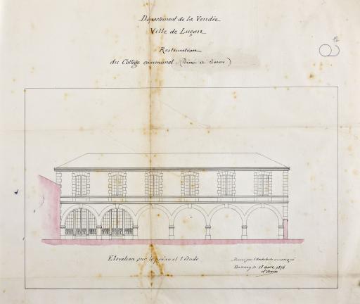 Restauration du collège communal (préau et classe) : élévation sur le préau et l'étude, 18 août 1876 / Arsène Charier, architecte.