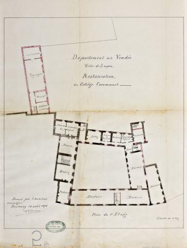 Restauration du collège communal : plan du 1er étage, 18 août 1876 / Arsène Charier, architecte.