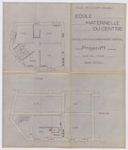 Ecole maternelle du Centre. Installation du chauffage central. Projet n°1 : plans du sous-sol et de l'étage, [1953].