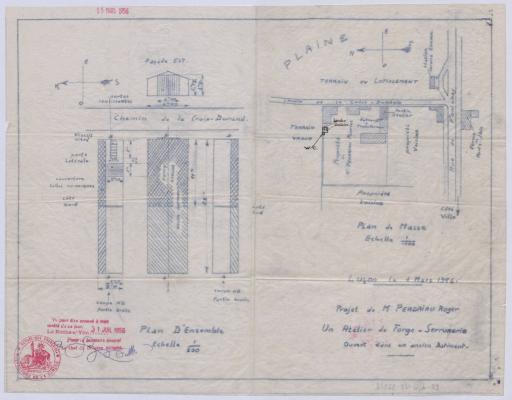 Projet de M. Roger Perdriau [concernant] un atelier de forge-serrurerie ouvert dans un ancien bâtiment : plan d'ensemble, plan de masse, élévation, 15 mars 1956.