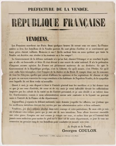 Napoléon-Vendée [La Roche-sur-Yon] Impr. J. Sory Préfecture de la Vendée. République française. [Bataillons de Vendée, déclaration de patriotisme du préfet G. Coulon, 1870].