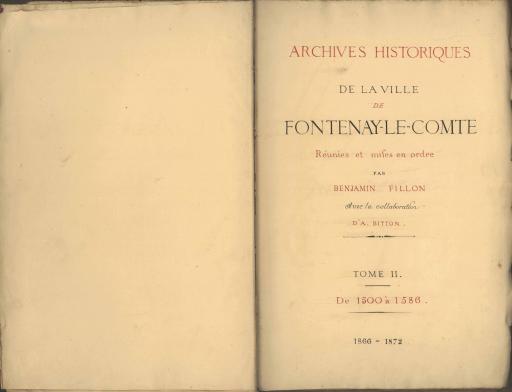 (vues 152-153) Récit de l'écroulement du portail du Pont-des-Sardines, au mois de février 1565, Extrait de la "Chronique du Langon". Livre II, S. XLII, p. 84, publiée par La Fontenelle de Vaudoré, Gaudin fils, imprimeur à Fontenay, 1841.