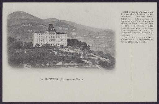 Nice (sanatorium "La Mantega"). Carte postale faisant la promotion de l'établissement.